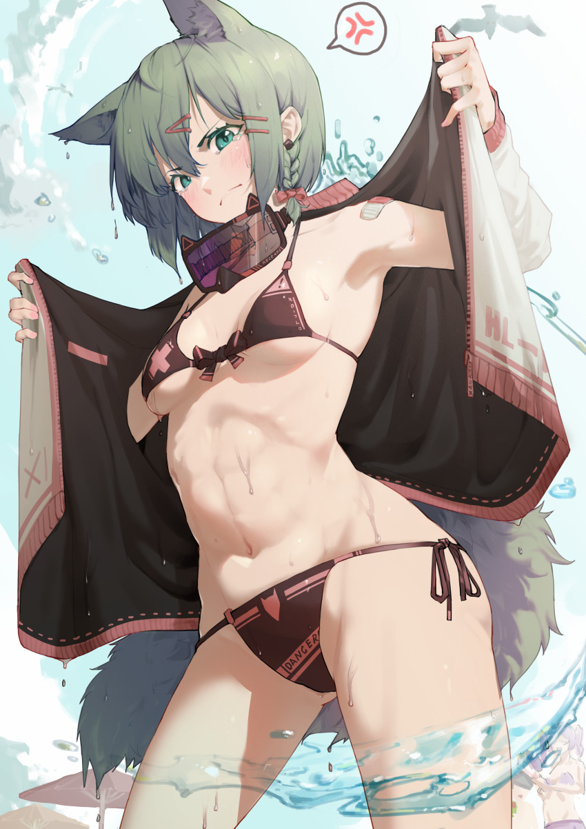 >:(, 2girls, absurdres, alarmclockc, anger_vein, animal_ear_fluff, animal_ears, beach_umbrella