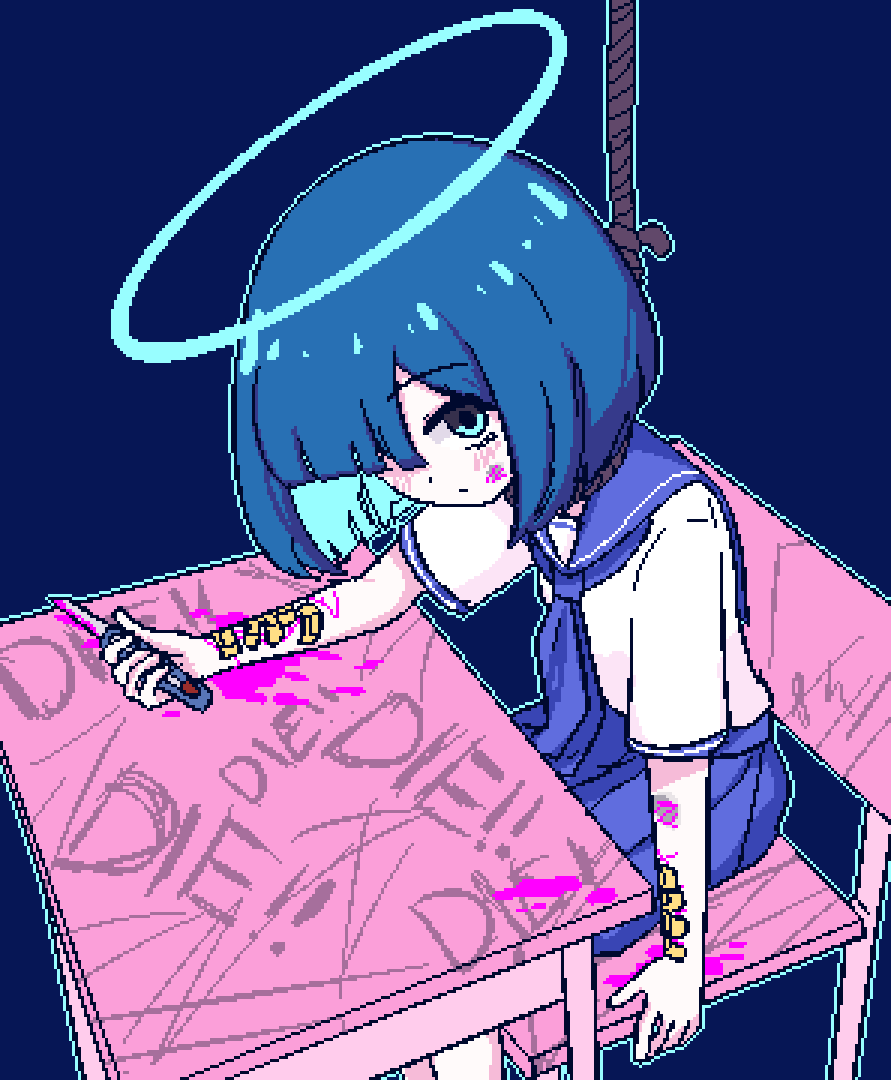 1girl, aqua_eyes, aqua_hair, arm_rest, bags_under_eyes, bandaged_wrist, bandages, bleeding, blood, blue_background, blue_hair, blue_sailor_collar, blue_skirt, blunt_bangs, blush, bob_cut, boxcutter, bullying, chair, chibikki, closed_mouth, colored_inner_hair, cuts, desk, dot_mouth, dot_nose, english_text, halo, hanged, holding, holding_boxcutter, injury, looking_at_viewer, multicolored_hair, nanako_(chibikki), noose, original, pink_blood, pixel_art, pleated_skirt, rope, sailor_collar, school_desk, school_uniform, self-harm, serafuku, short_hair, short_sleeves, simple_background, sitting, skirt, solo, suicide, two-tone_hair, white_serafuku, wrist_cutting
