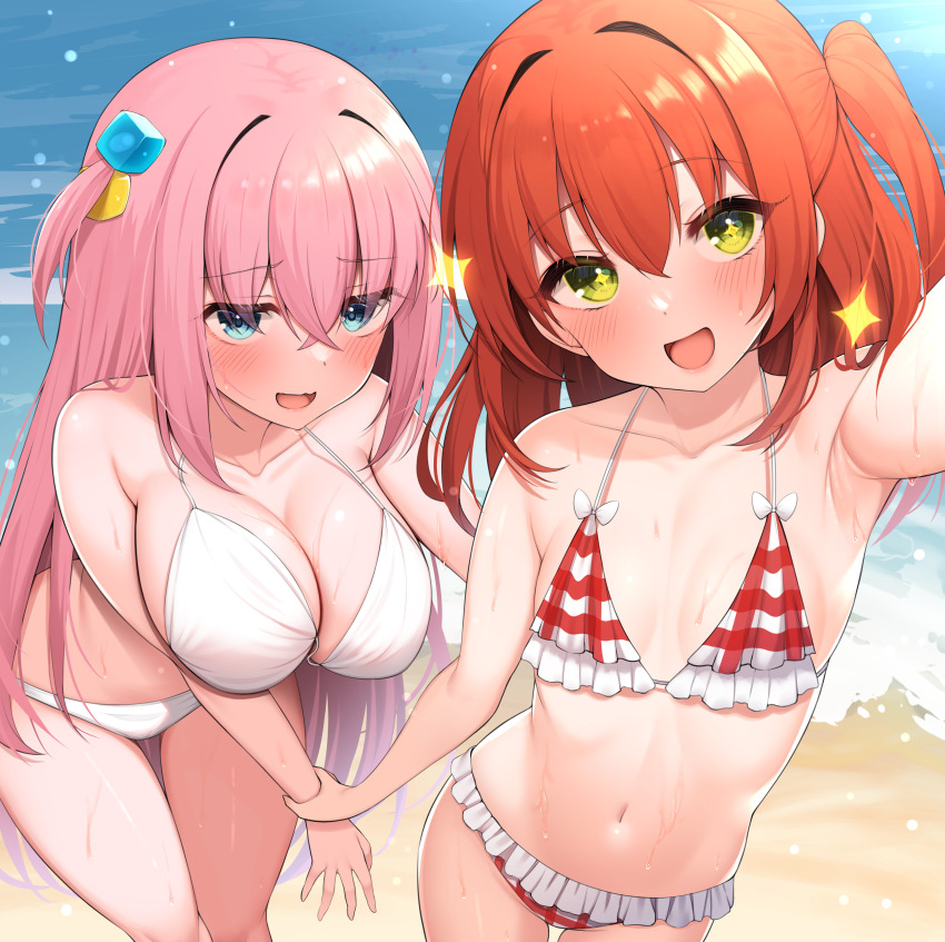2girls, :d, absurdres, alternate_costume, arm_up, armpits, bare_arms, bare_shoulders, beach, bikini, blue_eyes, blush, bocchi_the_rock!, breasts, cleavage, cowboy_shot, crossed_bangs, cube_hair_ornament, eyes_visible_through_hair, frilled_bikini, frills, gotoh_hitori, green_eyes, hair_between_eyes, hair_ornament, hair_over_eyes, halterneck, highres, holding_another's_wrist, kita_ikuyo, large_breasts, long_hair, looking_at_viewer, looking_to_the_side, multicolored_bikini, multiple_girls, navel, ocean, one_side_up, open_mouth, outdoors, outstretched_arm, pink_hair, red_bikini, red_hair, sand, selfie, small_breasts, smile, standing, stomach, string_bikini, suzutarou_gunsou, swimsuit, thighs, two-tone_bikini, water, wet, white_bikini