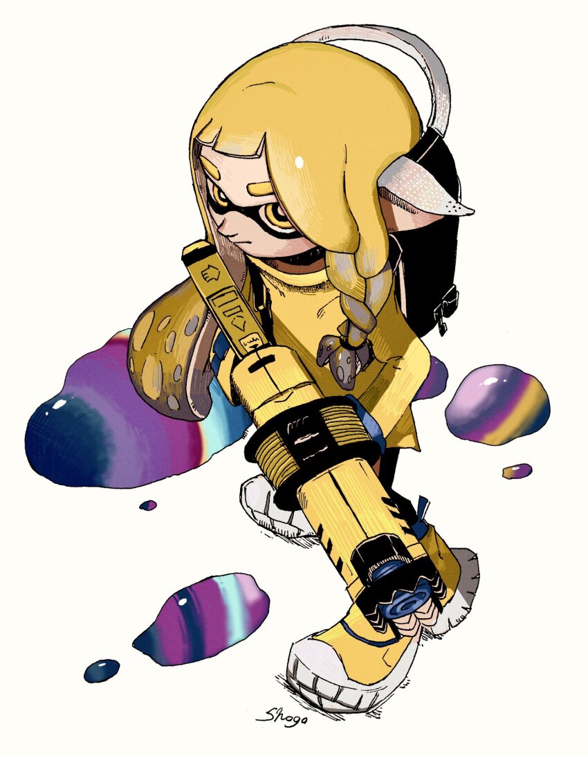1girl, agent_3_(splatoon_3), artist_name, asymmetrical_hair, blonde_hair, blunt_bangs, braid, bright_pupils