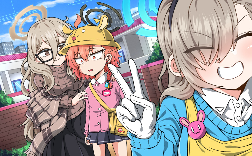 3girls, akane_(blue_archive), alternate_costume, asuna_(blue_archive), bag, blue_archive, blue_sky, brown_hair, closed_eyes, disguise, eyes_visible_through_hair, glasses, halo, hat, highres, kindergarten_bag, kindergarten_uniform, multiple_girls, neru_(blue_archive), red_hair, school_hat, selfie, sky, surprised, teacher, wide-eyed, yanghyeok, yellow_headwear