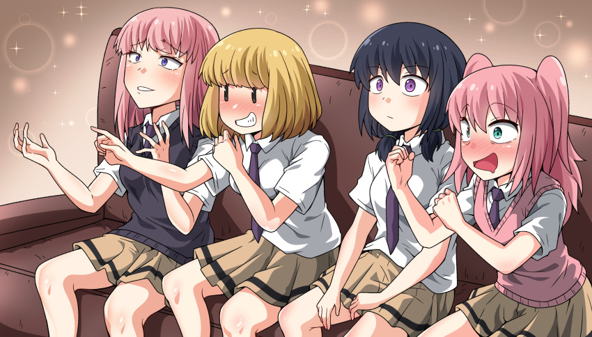 4girls, absurdres, bags_under_eyes, black_hair, blonde_hair, blush, cardigan_vest, couch