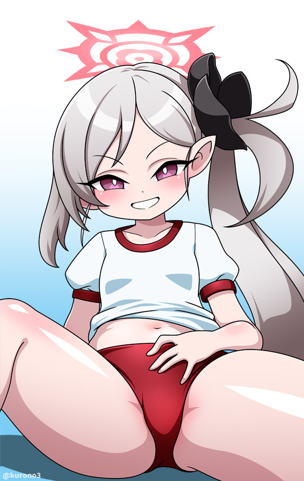 1girl, blue_archive, blue_background, breasts, gym_uniform, kurono, mutsuki_(blue_archive), navel