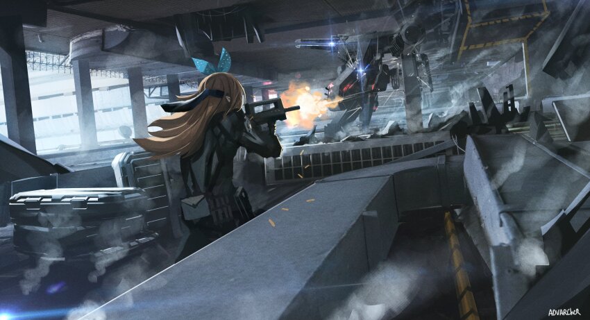 1girl, absurdres, advarcher, assault_rifle, blonde_hair, bullpup, cannon, electricity, energy, famas, gun, hair_ribbon, highres, holding, holding_gun, holding_weapon, magnetic_weapon, mecha, metal_gear_(robot), metal_gear_(series), metal_gear_rex, metal_gear_solid, nijisanji, nijisanji_en, pomu_rainpuff, railgun, ribbon, rifle, robot, sparks, virtual_youtuber, weapon
