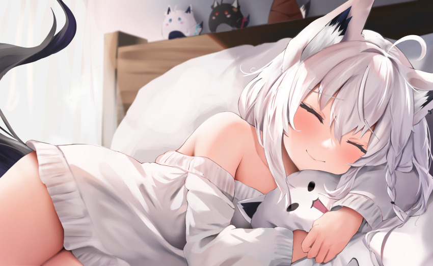 1girl, ^_^, animal_ears, braid, closed_eyes, commentary_request, hugging_doll, fox_ears, fox_girl, fox_tail, fubuchun, fubuzilla_(shirakami_fubuki), highres, hololive, long_hair, long_sleeves, lying, miochun, naked_sweater, hugging_object, off-shoulder_sweater, off_shoulder, on_side, oruyanke_(shirakami_fubuki), pillow, shirakami_fubuki, side_braid, sleeping, smile, stuffed_animal, stuffed_toy, sweater, tail, uechin_ewokaku, virtual_youtuber, white_hair, white_sweater