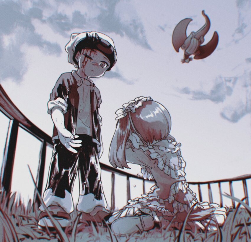 1boy, 1girl, absurdres, aged_down, bandaid, bandaid_on_face, bandaid_on_nose, beanie