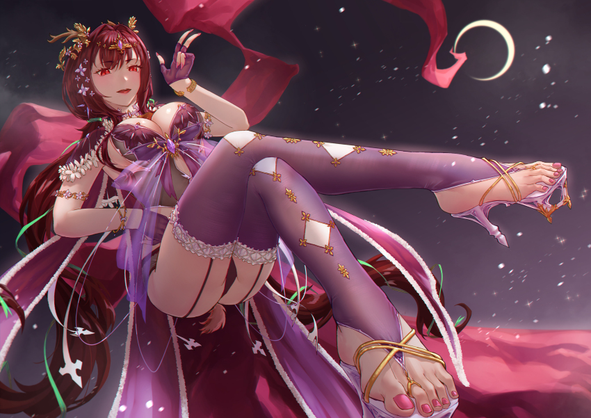 1girl, absurdres, alternate_costume, ass, branch, breasts, brown_hair, dress, fate_(series), feet, fingerless_gloves, flower_ornament, garter_belt, garter_straps, gloves, gold, hair_ornament, high_heels, highres, jewelry, large_breasts, looking_down, megatron_(pixiv16907671), moon, nail_polish, nails, night, panties, pink_nails, purple_thighhighs, red_eyes, scathach_(fate), sky, thighhighs, toe_ring, toeless_legwear, toenail_polish, toenails, underwear