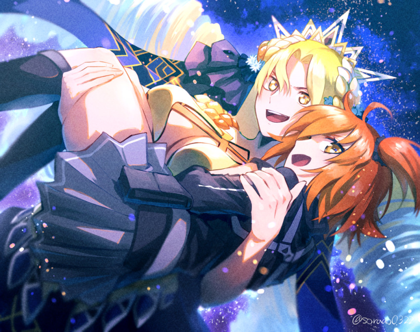 2girls, astraea_(fate), astraea_(third_ascension)_(fate), blonde_hair, carrying, fate/grand_order, fate_(series), fujimaru_ritsuka_(female)