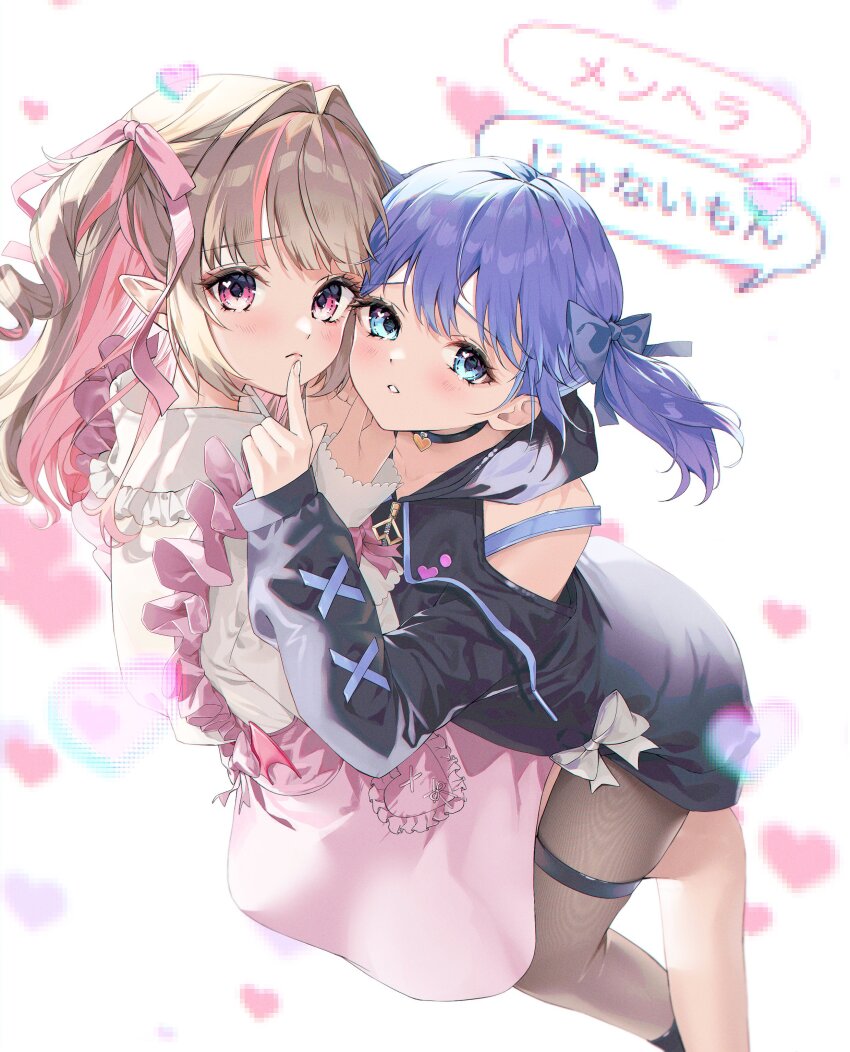2girls, absurdres, black_dress, blue_eyes, blue_ribbon, blush, choker, clothing_cutout