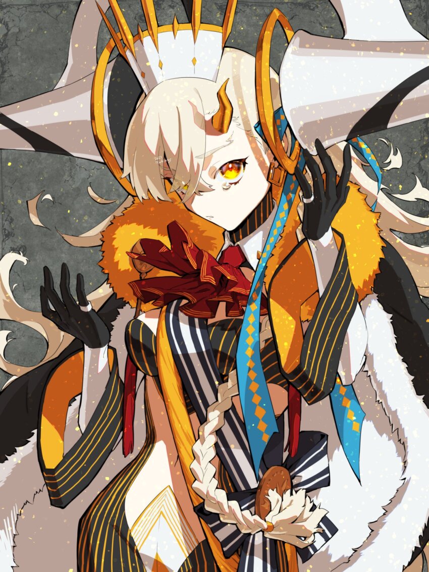 1girl, braid, crying, fate/grand_order, fate_(series), highres, horns, ituki, looking_at_viewer, olga_marie_animusphere, orange_eyes, orange_hair, single_braid, single_horn, solo, spoilers, u-olga_marie, white_hair