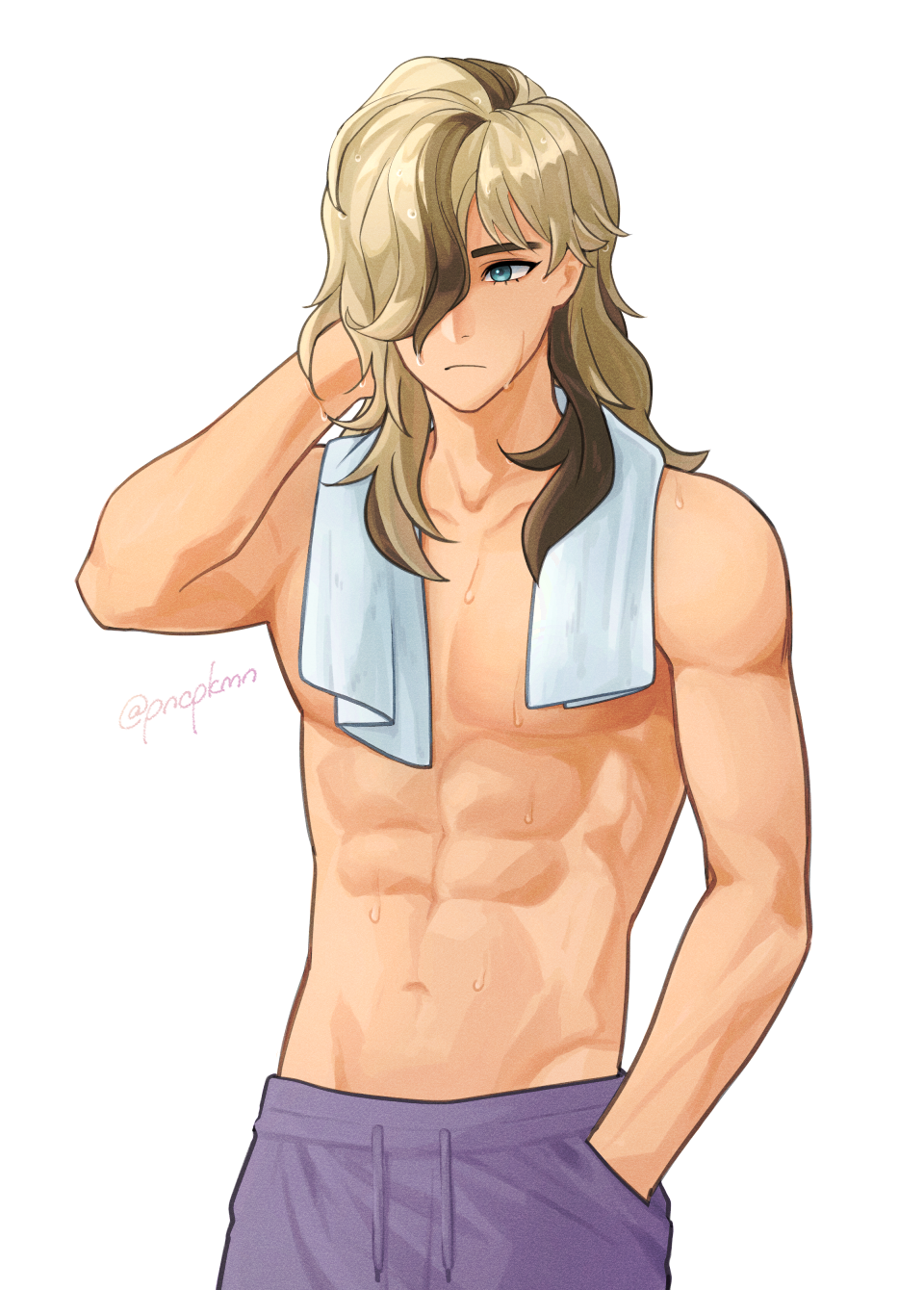 1boy, abs, arven_(pokemon), bad_id, bad_pixiv_id, blonde_hair, closed_mouth, commentary_request