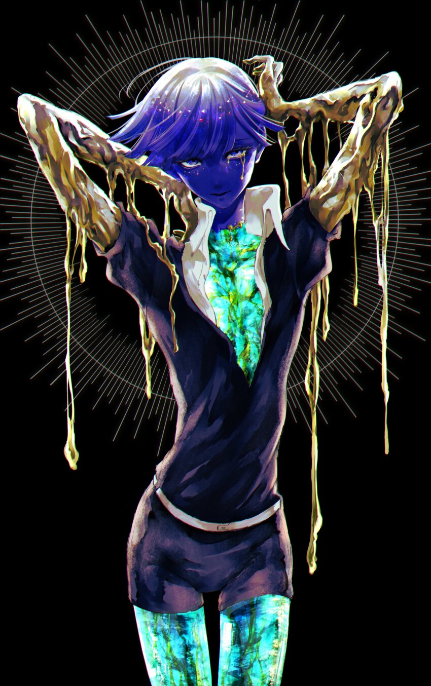 1other, absurdres, androgynous, aqua_skin, arms_up, belt, black_background, black_shirt