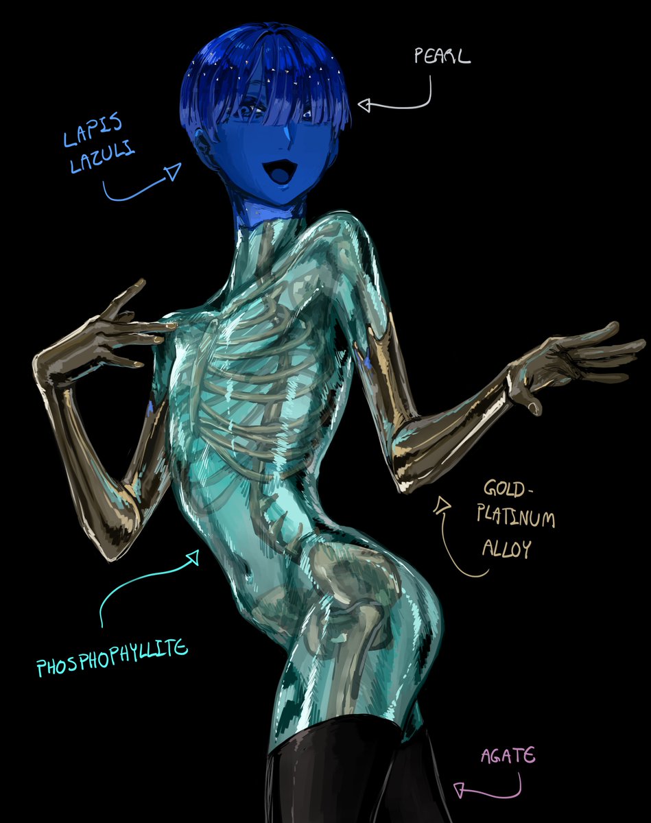 1other, :d, agate, anatomy, androgynous, aqua_skin, bad_anatomy, black_background, blue_eyes, blue_hair, blue_skin, blunt_bangs, bone, bowl_cut, colored_skin, crystal, crystal_hair, gem, gold, golden_arms, highres, hip_bones, houseki_no_kuni, iciriini, lapis_lazuli_(gemstone), looking_at_viewer, narrow_waist, navel, no_nipples, nude, open_mouth, pearl_(gemstone), phosphophyllite, phosphophyllite_(gemstone), phosphophyllite_(ll), ribs, shiny_skin, short_hair, simple_background, skeleton, skinny, smile, spine, translucent, see-through_body, x-ray