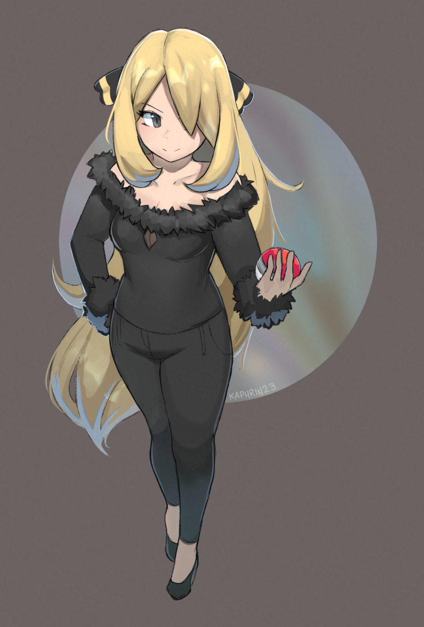 1girl, adapted_costume, artist_name, black_pants, black_shirt, black_shoes, blonde_hair, breasts