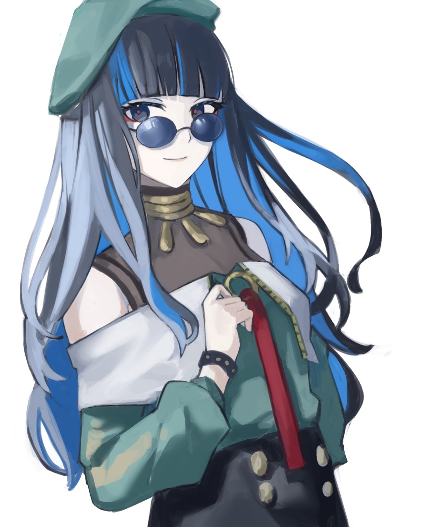 1girl, beret, black_hair, blue-tinted_eyewear, blue_hair, blunt_bangs, colored_inner_hair, commentary_request