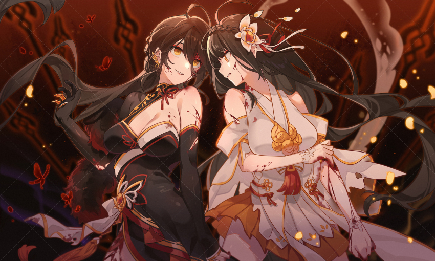 2girls, apsara_(elsword), ara_haan, asymmetrical_gloves, asymmetrical_sleeves, az_(zero_glvimayhop), black_gloves, black_kimono