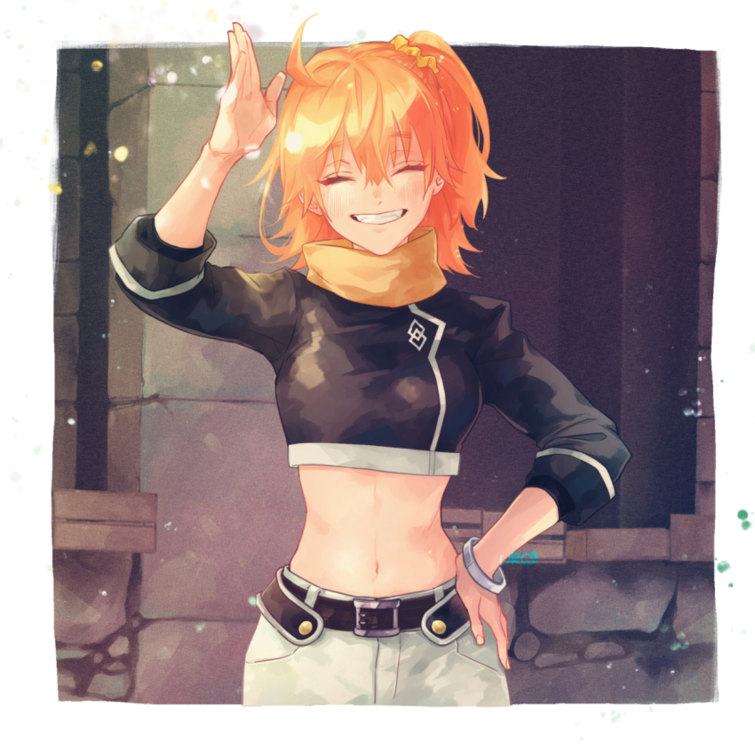 1girl, arm_up, border, bracelet, closed_eyes, crop_top, facing_viewer, fate/grand_order