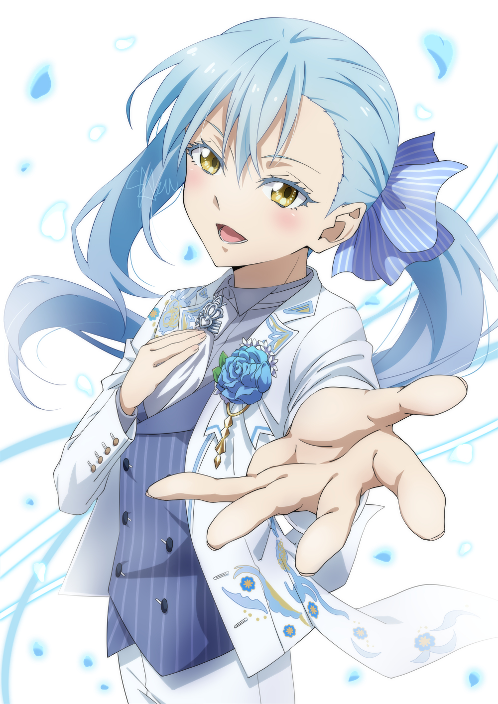 1other, :d, ambiguous_gender, blue_bow, blue_hair, blush, bow, floating_hair