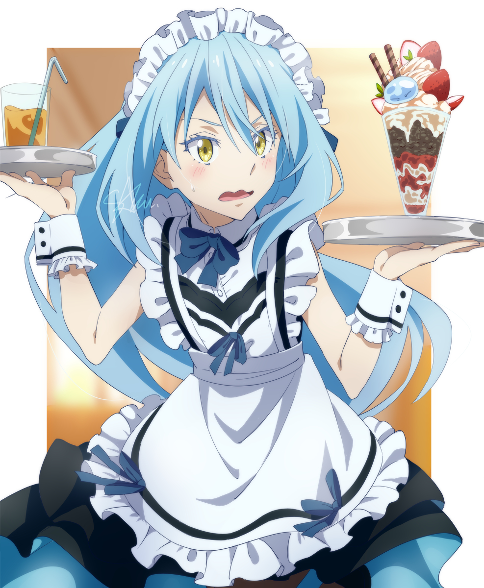 1other, alternate_costume, ambiguous_gender, apron, black_skirt, blue_bow, blue_bowtie, blue_hair