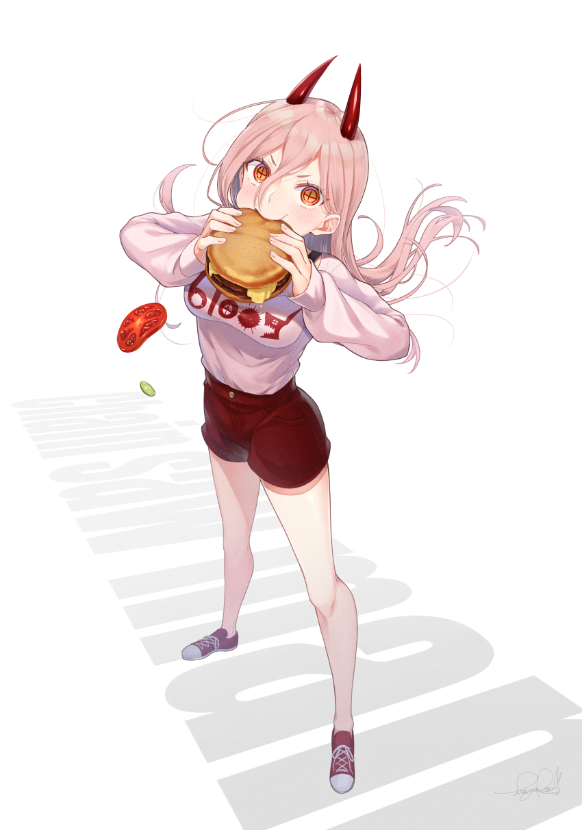 1girl, absurdres, biting, burger, chainsaw_man, cucumber, cucumber_slice, eating