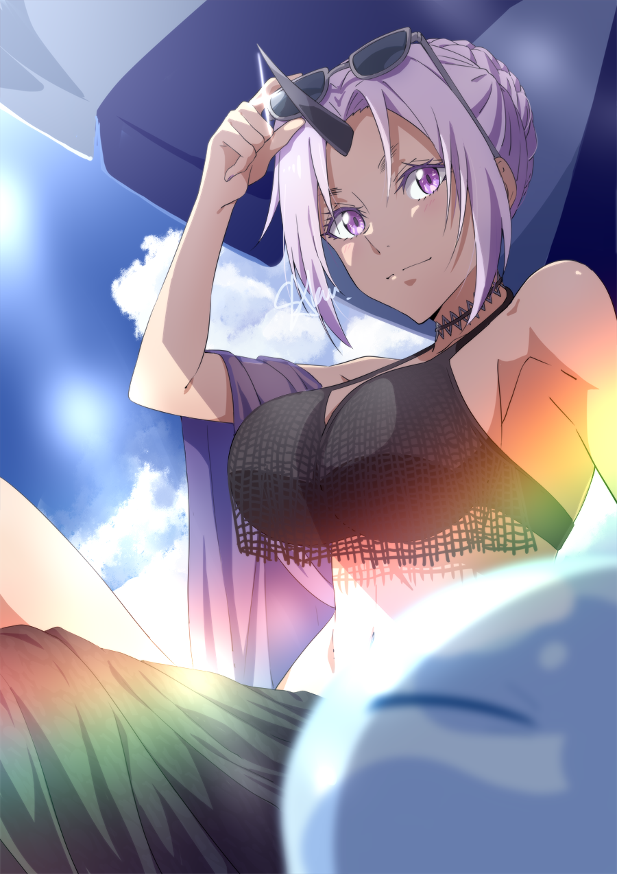 1girl, bikini, black_bikini, blue_sky, braid, closed_mouth, day, eyewear_on_head, grey-framed_eyewear, hair_intakes, highres, horns, kounagi39, navel, oni_horns, parasol, pink_eyes, purple_hair, rimuru_tempest, rimuru_tempest_(slime), sarong, sash, shiny_skin, shion_(tensura), short_hair, sidelocks, single_horn, sitting, sky, slime_(creature), slit_pupils, smile, solo, summer, sunglasses, sunlight, swimsuit, tensei_shitara_slime_datta_ken, umbrella