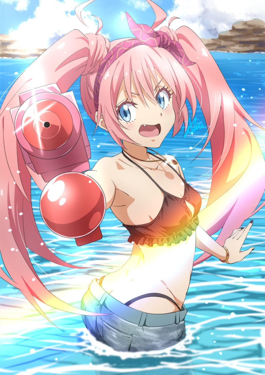1girl, ass, bare_arms, bikini, bikini_under_clothes, black_bikini, black_nails, blue_eyes, bow, bow_hairband, bracelet, breasts, butt_crack, cleavage, collarbone, day, fang, hair_between_eyes, hair_bow, hairband, highres, holding, holding_water_gun, jewelry, kounagi39, long_hair, looking_at_viewer, milim_nava, nail_polish, ocean, open_mouth, outdoors, pendant, pink_hair, red_bow, red_hairband, sideboob, small_breasts, solo, summer, swimsuit, tensei_shitara_slime_datta_ken, twintails, v-shaped_eyebrows, very_long_hair, wading, water_gun