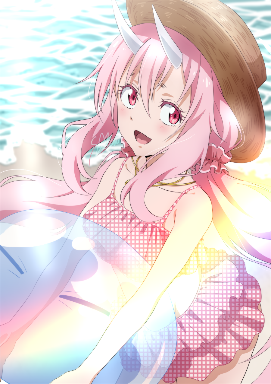 1girl, :d, bare_arms, bikini, brown_headwear, collarbone, cowboy_shot, day