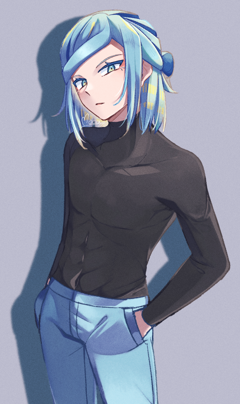 1boy, black_shirt, commentary_request, covered_abs, covered_collarbone, cowboy_shot, green_eyes, green_pants