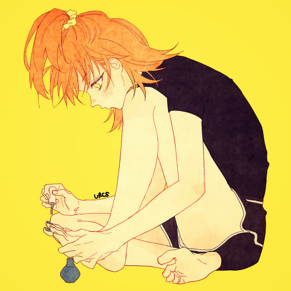 1girl, barefoot, blue_nails, cosmetics, fate/grand_order, fate_(series), fujimaru_ritsuka_(female), kajijii