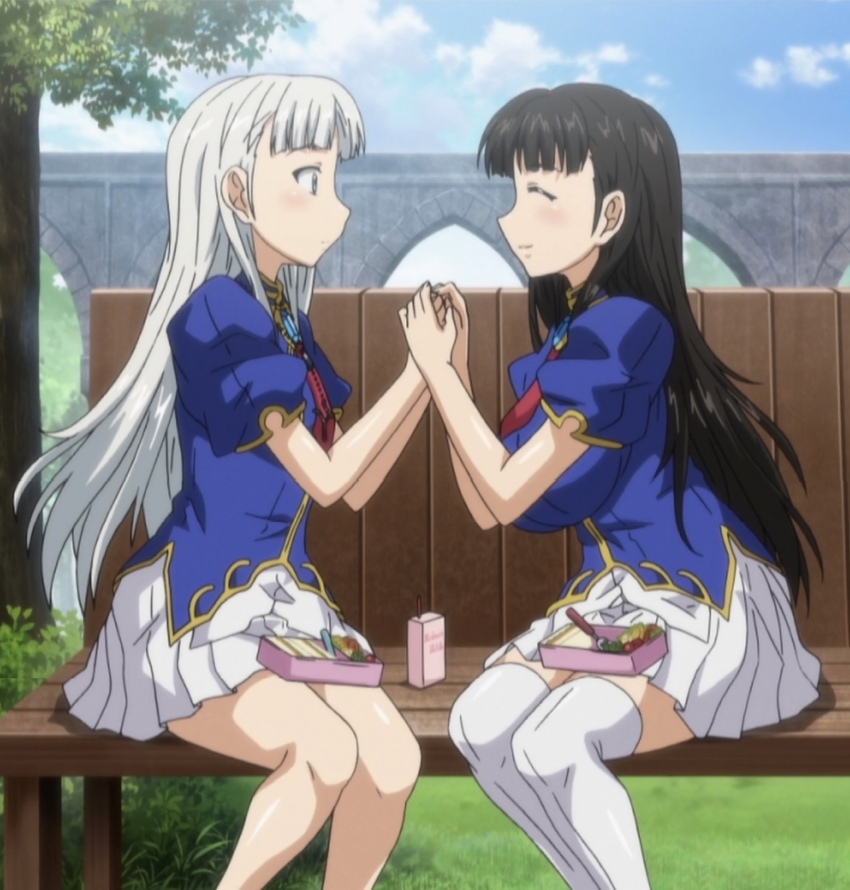 2girls, bento, black_hair, blush, drink_carton, highres, holding_hands, juice_box, multiple_girls, pandra, reily_(kuro)_black, shirley_(shiro)_white, stitched, thighhighs, third-party_edit, white_hair