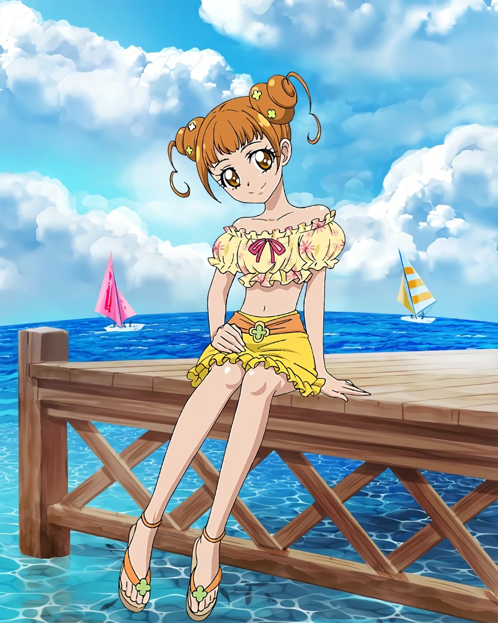 1girl, beach, brown_eyes, brown_hair, crop_top, dokidoki!_precure, drill_hair, flip-flops, highres, midriff, official_art, precure, precure_connection_puzzlun, sandals, sitting, skirt, smile, solo, third-party_source, twin_drills, yellow_skirt, yotsuba_alice