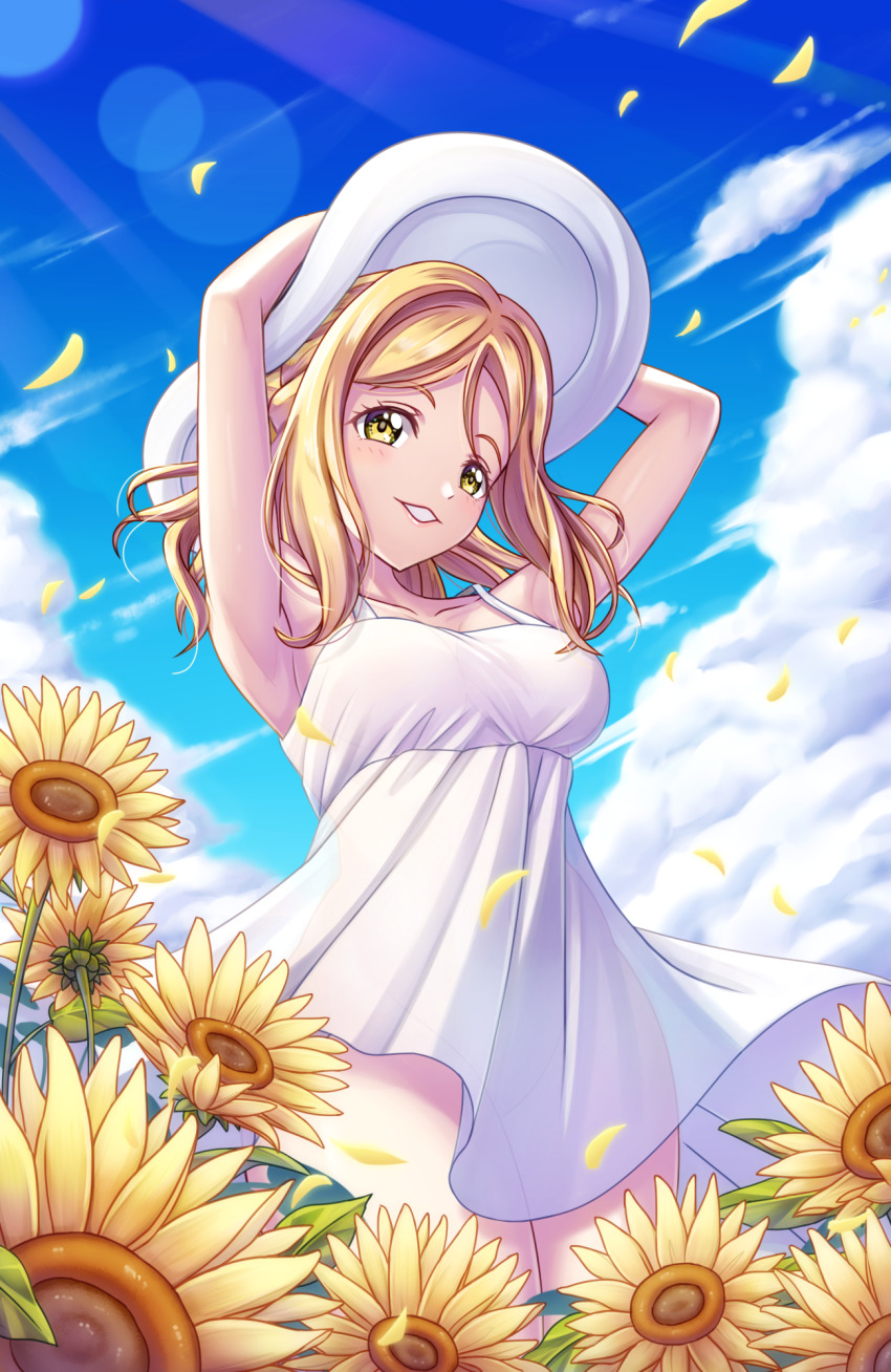 1girl, armpits, arms_up, blonde_hair, blown_petals, breasts, cloud, commentary, day, dress, flower, grin, hat, highres, lens_flare, long_hair, looking_at_viewer, love_live!, love_live!_sunshine!!, medium_breasts, ohara_mari, outdoors, short_dress, single_bang, smile, solo, sun_hat, sundress, sunflower, sunlight, tareme, tsukimi_seiya, white_dress, white_hat, wind, yellow_eyes
