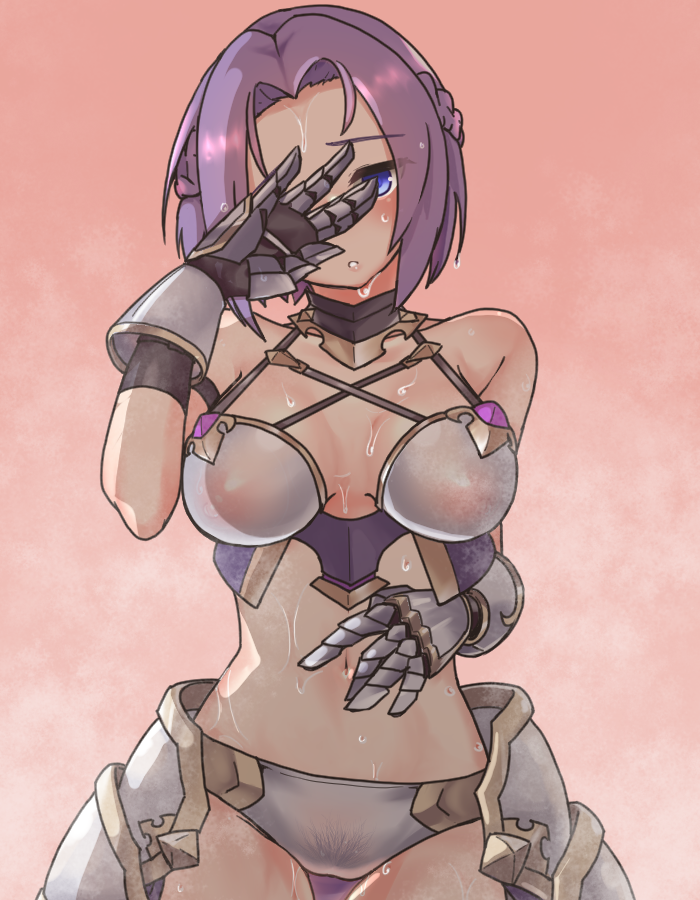 1girl, armor, arrow_(symbol), bikini_armor, blue_eyes, blush, breasts, cleavage