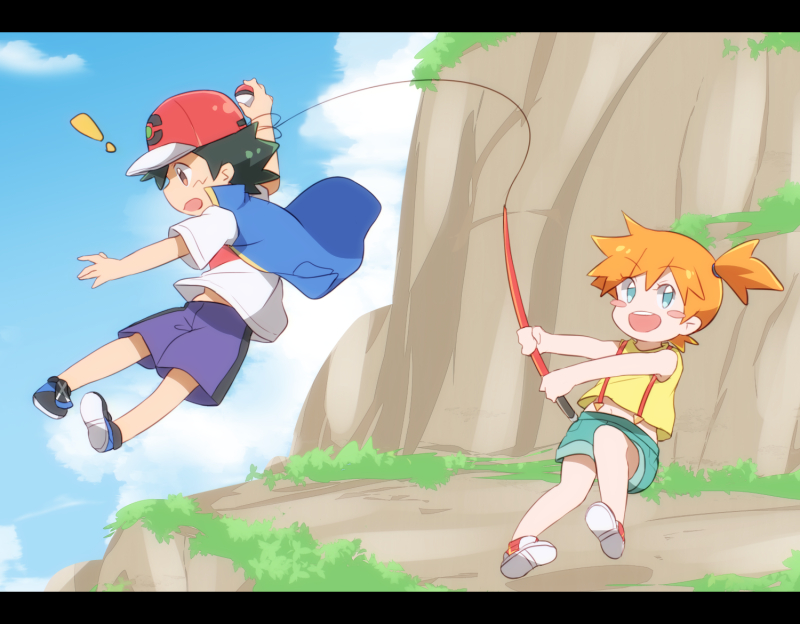1boy, 1girl, ash_ketchum, back, bag, bare_arms, baseball_cap, black_hair