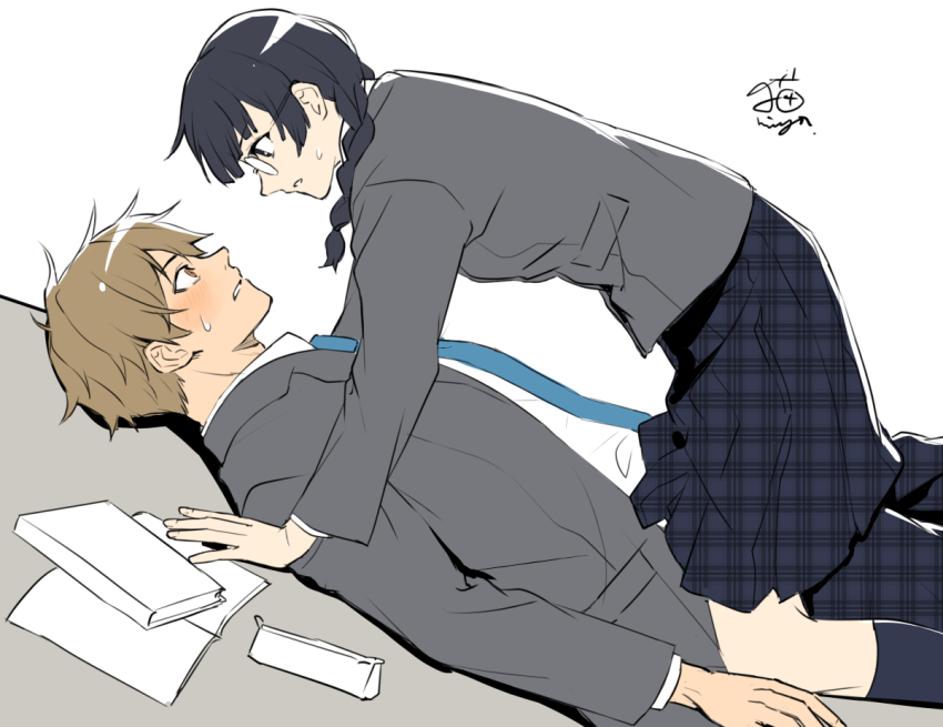 1boy, 1girl, bishounen, black_eyes, black_hair, black_socks, blonde_hair, blush, book, braid, brown_hair, dutch_angle, eye_contact, from_side, girl_on_top, glasses, kneehighs, long_sleeves, looking_at_another, necktie, neko_miya, orange_eyes, original, parted_lips, pinned, school_uniform, short_hair, signature, skirt, socks, straddling, sweat, twin_braids, unmoving_pattern