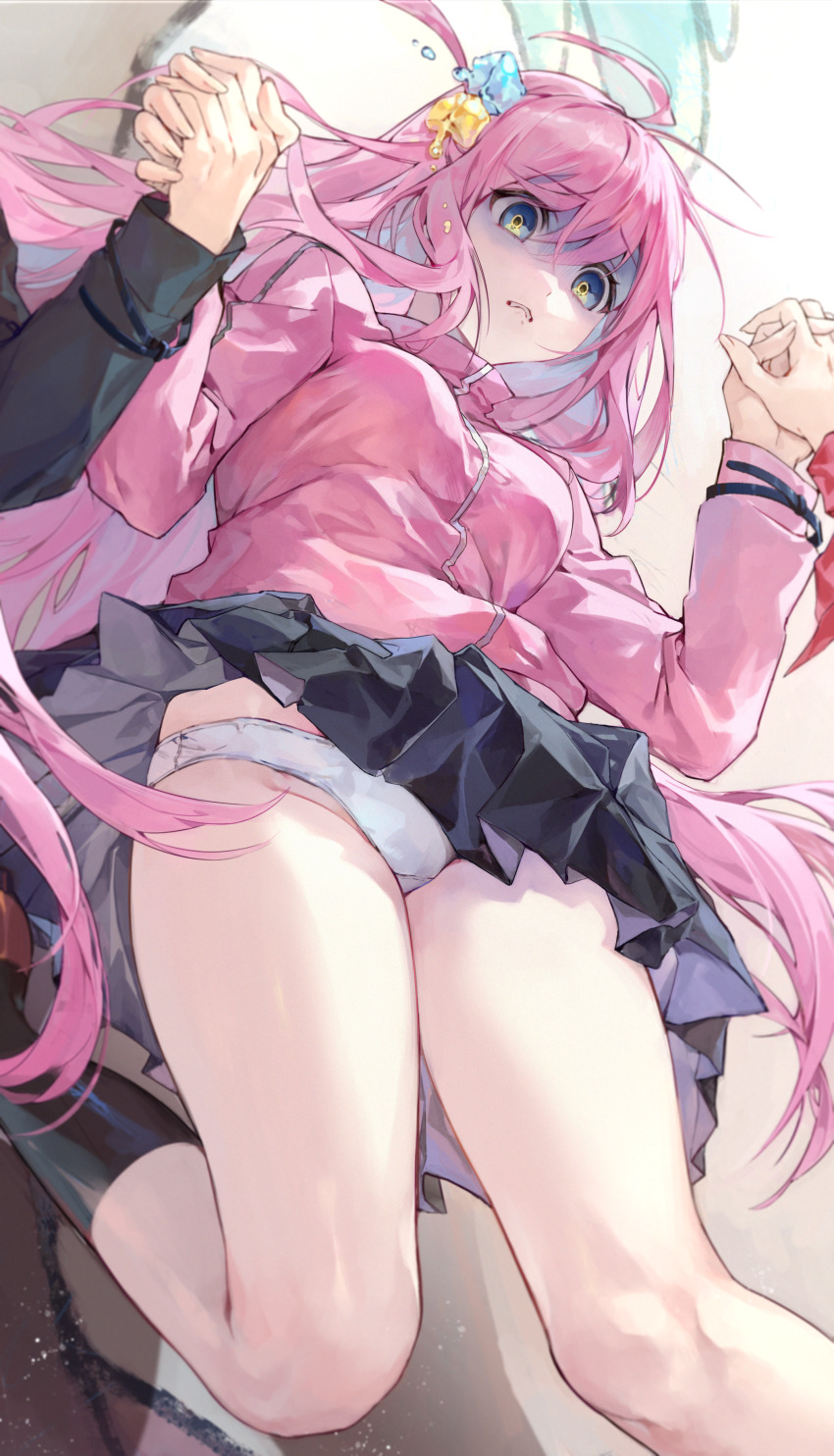 1girl, absurdres, black_socks, blue_eyes, bocchi_the_rock!, chap_sal_!, commentary, cube_hair_ornament, from_below, gotoh_hitori, grey_skirt, hair_between_eyes, hair_ornament, highres, holding_hands, jacket, jumping, kirara_jump, long_hair, long_sleeves, looking_down, one_side_up, out_of_frame, panties, pantyshot, pink_hair, pink_jacket, pleated_skirt, skirt, socks, solo_focus, thighs, track_jacket, underwear, white_panties