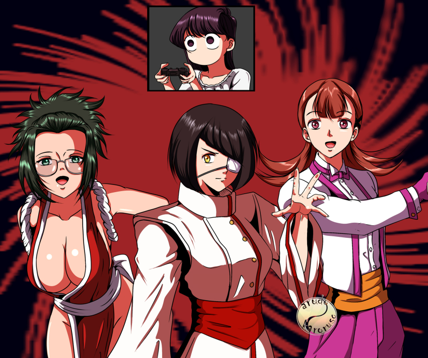 4girls, agari_himiko, artist_request, breasts, bug, controller, cosplay, eyepatch