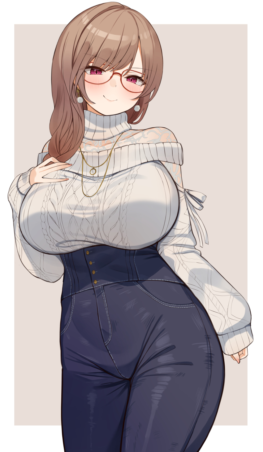 1girl, absurdres, aran_sweater, blue_pants, braid, breasts, brown_hair, cable_knit