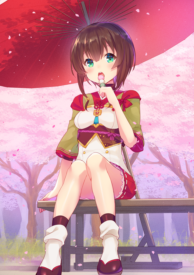 1girl, brown_hair, cherry_blossoms, dango, falling_petals, food, green_eyes, holding