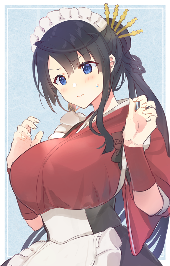 1girl, apron, black_hair, blue_background, blue_eyes, blue_hair, blush, border