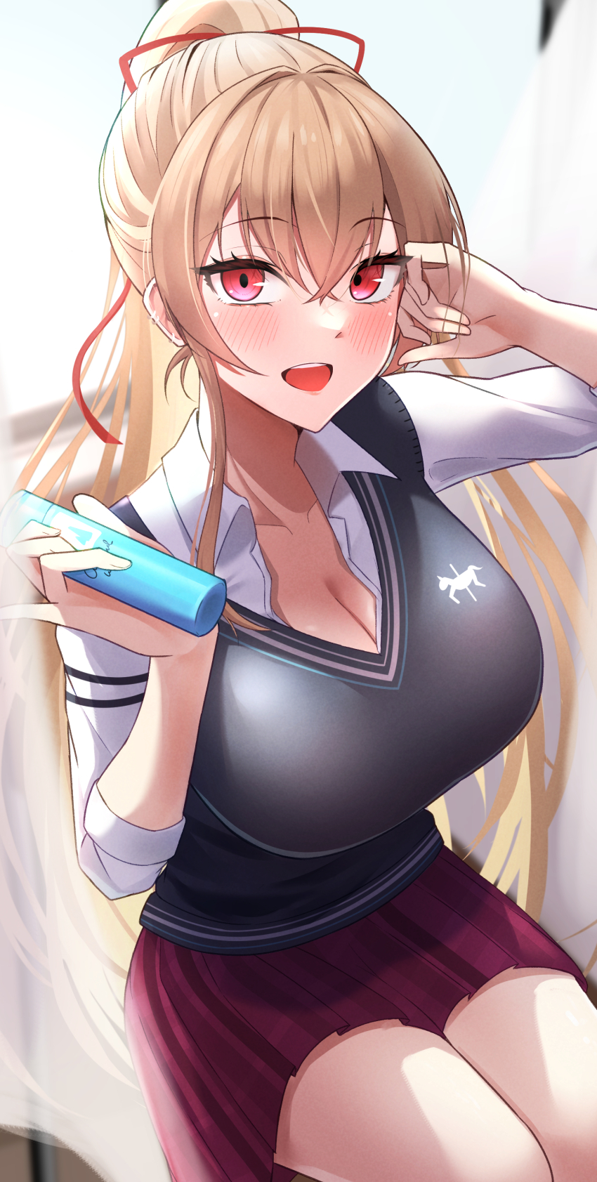 1girl, absurdres, amaya_(amaya_sakuratei), blush, breasts, brown_hair, cleavage, collared_shirt