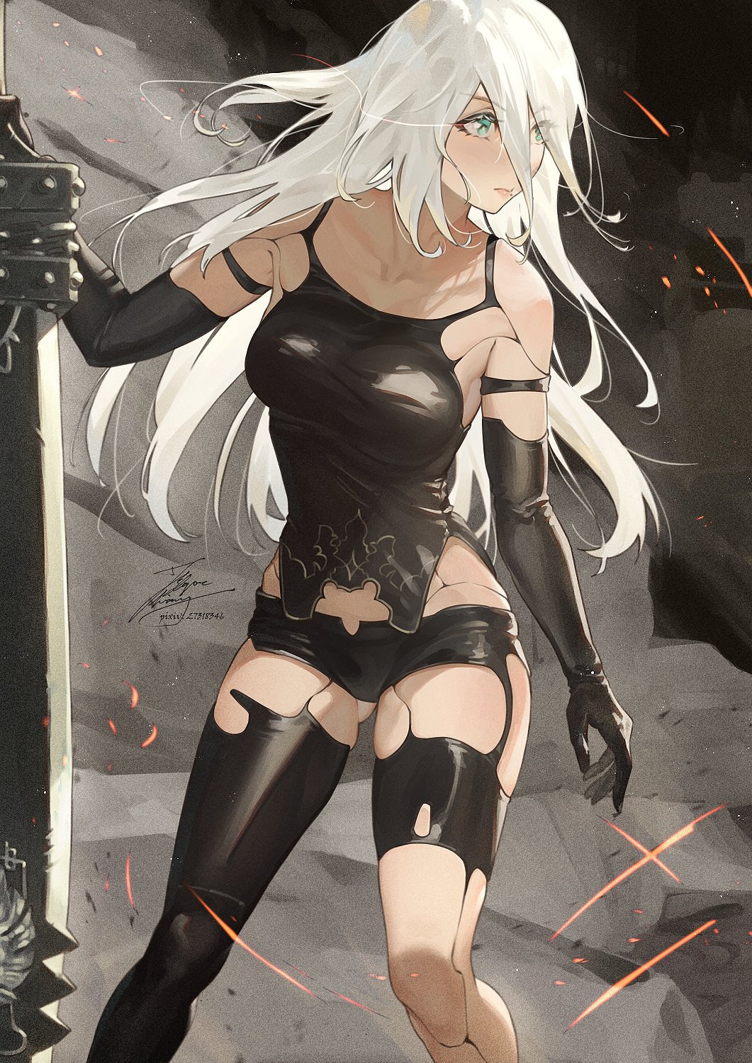 1girl, a2_(nier:automata), android, armlet, bare_shoulders, beastlord_(sword), black_gloves, black_tank_top