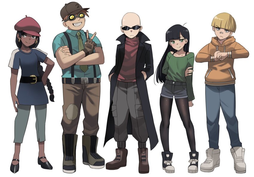 2girls, 3boys, numbuh_5, aged_up, animification, bald, black_hair, black_jacket
