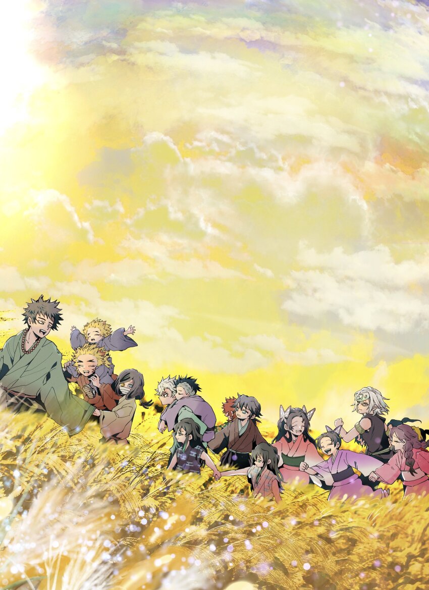 6+boys, 6+girls, ^_^, absurdres, aged_down, armlet, arms_up, bandaged_head, bandages, bead_necklace, beads, black_hair, blank_eyes, blonde_hair, blue_eyes, blue_kimono, brothers, brown_kimono, butterfly_hair_ornament, carrying, child, closed_eyes, closed_mouth, cloud, covered_mouth, day, field, forehead_protector, green_kimono, grey_kimono, hair_ornament, hair_ribbon, happy, heterochromia, highres, himejima_gyoumei, hinatsuru_(kimetsu_no_yaiba), holding_hands, iguro_obanai, japanese_clothes, jewelry, kikaipenguin, kimetsu_no_yaiba, kimono, kochou_kanae, kochou_shinobu, laughing, long_hair, long_sleeves, looking_at_another, looking_away, looking_back, low-tied_long_hair, makio_(kimetsu_no_yaiba), multicolored_hair, multiple_boys, multiple_girls, necklace, obi, open_mouth, outdoors, outstretched_arms, piggyback, pink_kimono, red_hair, red_kimono, rengoku_kyoujurou, rengoku_senjurou, ribbon, running, sabito_(kimetsu), sash, shinazugawa_genya, shinazugawa_sanemi, short_hair, shoulder_carry, siblings, sisters, sky, sleeping, sleeveless, smile, spiked_hair, spread_arms, suma_(kimetsu_no_yaiba), tokitou_muichirou, tokitou_yuichirou, tomioka_giyuu, tri_braids, tri_tails, twins, two-tone_hair, undercut, urokodaki_sakonji, uzui_tengen, walking, white_hair, wide_sleeves, yellow_eyes