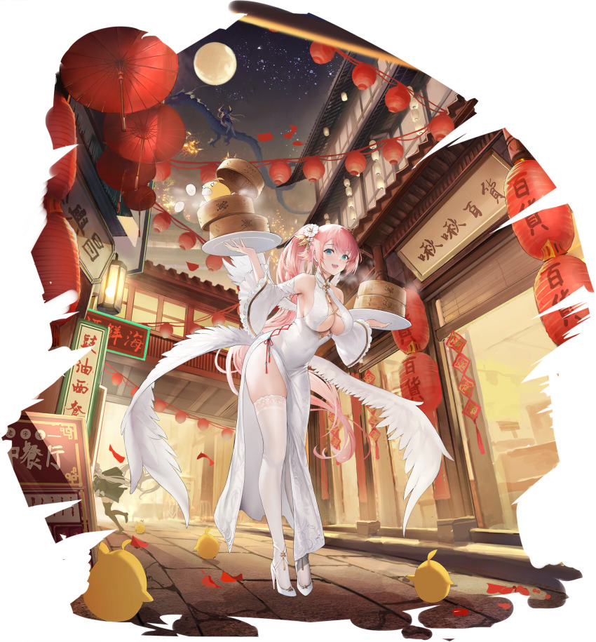 3girls, animal, aqua_eyes, artist_request, azur_lane, bamboo_steamer, bare_shoulders, bird, breasts, china_dress, chinese_clothes, cleavage, detached_sleeves, dragon, dress, dual_wielding, dumpling, eastern_dragon, food, full_body, full_moon, gold_trim, hair_ornament, high_heels, highres, holding, l'indomptable_(azur_lane), l'indomptable_(temp_in_low_temperatures)_(azur_lane), large_breasts, long_hair, looking_at_viewer, manjuu_(azur_lane), moon, multiple_girls, night, official_art, open_mouth, pink_hair, ponytail, prinz_rupprecht_(azur_lane), prinz_rupprecht_(the_gate_dragon_advent)_(azur_lane), pumps, shoes, simple_background, sky, smile, star_(sky), starry_sky, stiletto_heels, theseus_(azur_lane), theseus_(new_year's_white_plumage)_(azur_lane), thighhighs, thighs, wide_sleeves, wings