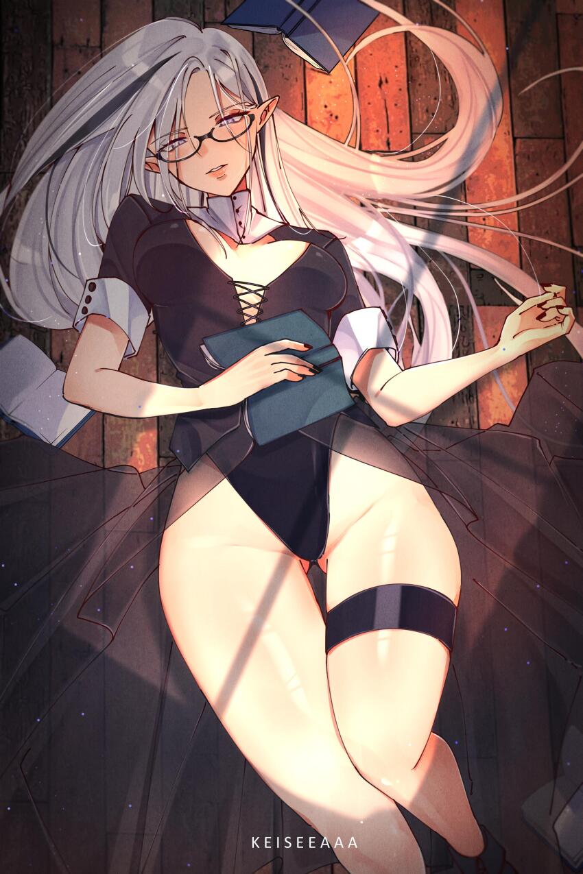 1girl, absurdres, black-framed_eyewear, black_hair, black_leotard, black_nails, book, breasts