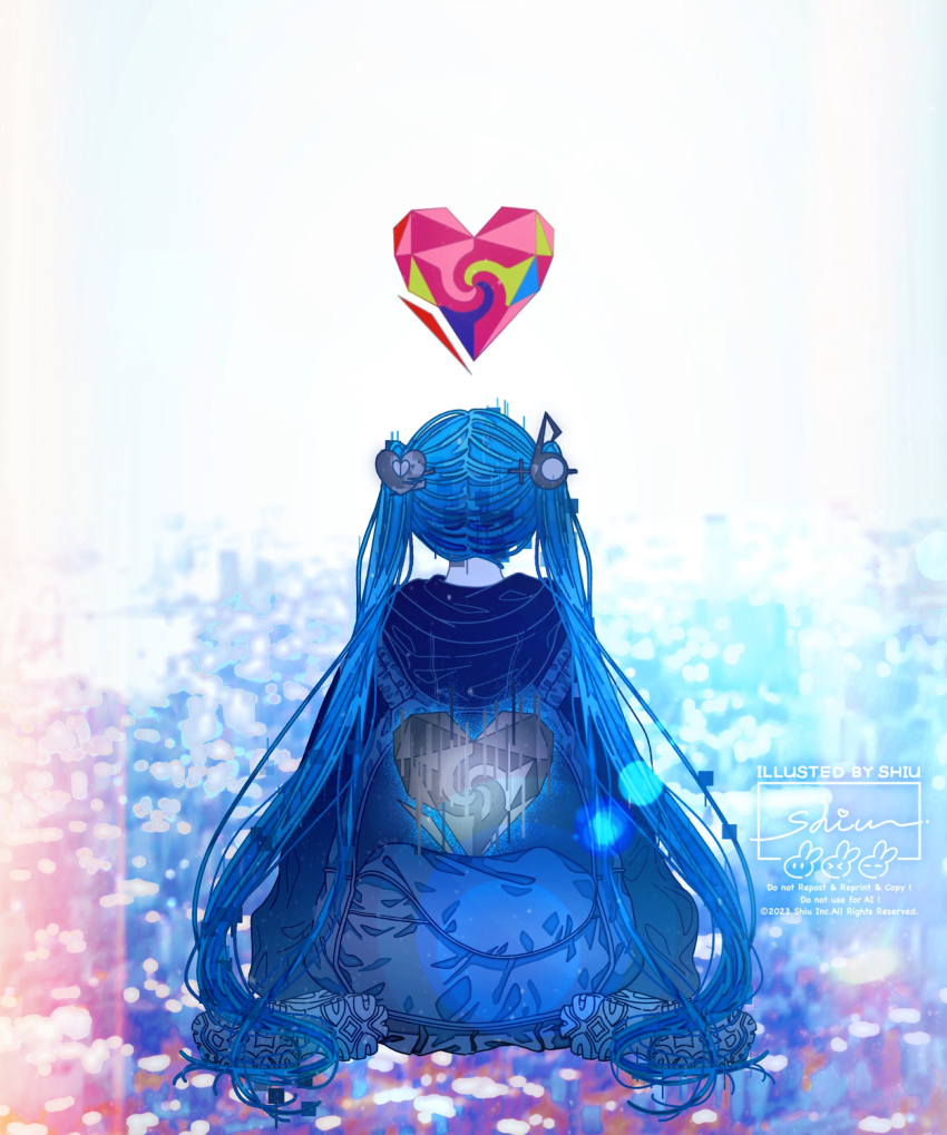 1girl, absurdres, arms_at_sides, artist_name, backpack, bag, black_hoodie, black_shoes, blue_hair, blue_theme, blurry, bokeh, boku_no_sainou_(vocaloid), colorful, commentary, creator_connection, depth_of_field, facing_away, fortissimo, from_behind, full_body, glitch, glowing, glowing_heart, hair_ornament, hatsune_miku, heart, heart_hair_ornament, highres, hood, hood_down, hoodie, light_particles, limited_palette, long_hair, multicolored_background, musical_note, musical_note_hair_ornament, nape, on_ground, open_bag, shiu_(official_shiu), shoe_soles, shoes, signature, simple_background, sitting, sneakers, solo, spot_color, straight_hair, untranslatable_commentary, twintails, unhappy_refrain_(vocaloid), unknown_mother_goose_(vocaloid), unzipped, very_long_hair, vocaloid, white_background, wowaka
