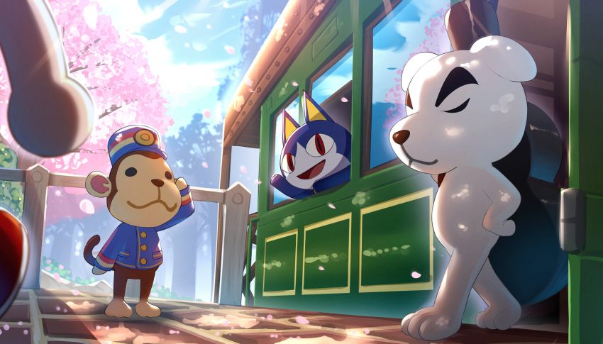 1other, 3boys, :d, animal_crossing, animal_ears, animal_nose, arm_up, blue_headwear, blue_jacket, blue_sky, buttons, cat_boy, cat_ears, cherry_blossoms, closed_eyes, closed_mouth, cloud, commentary_request, dappled_sunlight, day, dog_boy, dog_ears, fence, full_body, furry, furry_male, gonzarez, hat, jacket, k.k._slider_(animal_crossing), light_rays, long_sleeves, looking_at_another, monkey_boy, monkey_ears, monkey_tail, multiple_boys, nintendo, open_mouth, outdoors, petals, porter_(animal_crossing), red_eyes, rover_(animal_crossing), shadow, sky, slit_pupils, smile, solid_circle_eyes, standing, sunlight, tail, train, tree, waving, window