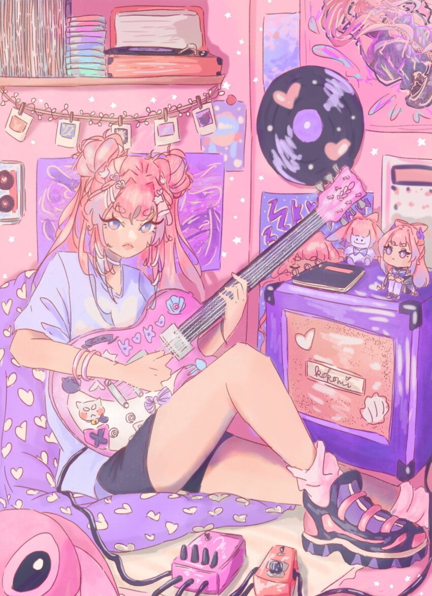 1girl, absurdres, amplifier, angel_(lilo_&amp;_stitch), aranara_(genshin_impact), black_shoes, black_shorts, character_doll, commentary, contemporary, doll, double_bun, eia_(happychichu), english_commentary, genshin_impact, hair_bun, highres, holding, holding_instrument, instrument, lilo_&amp;_stitch, long_hair, multicolored_hair, multicolored_shoes, notebook, phonograph, pink_hair, pink_shoes, polaroid_photo, purple_eyes, purple_hair, purple_shirt, sangonomiya_kokomi, shirt, shoes, short_shorts, shorts, sitting, sneakers, solo, streaked_hair, stuffed_toy