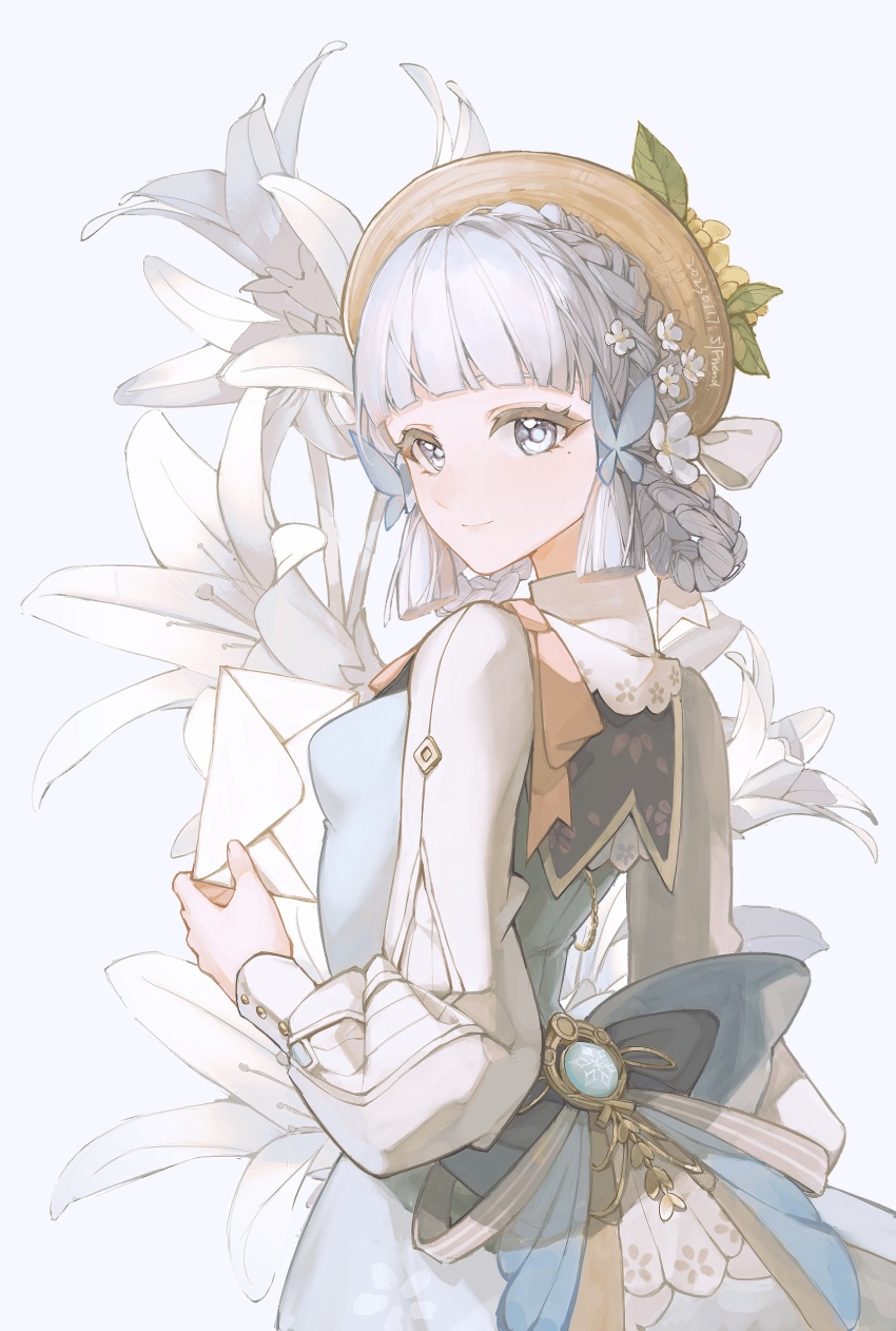 1girl, 57friend, absurdres, ayaka_(genshin_impact), blue_bow, blue_dress, blue_hair, bow